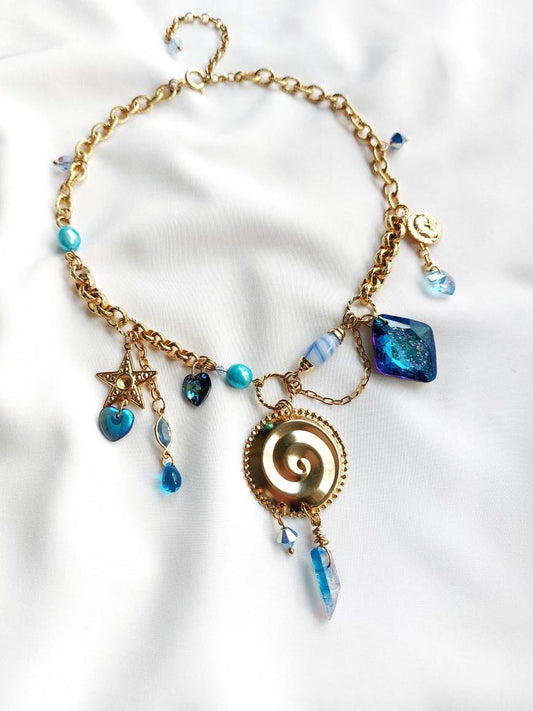 LA GALAXIA asymmetric gold and blue necklace