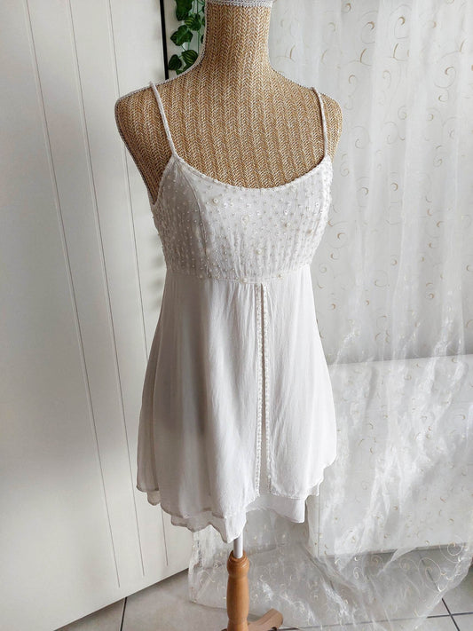 CELESTE white empire dress with beads Derhy size 38
