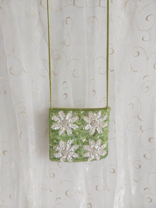 PRAIRIE green and white pouch bag with sequins