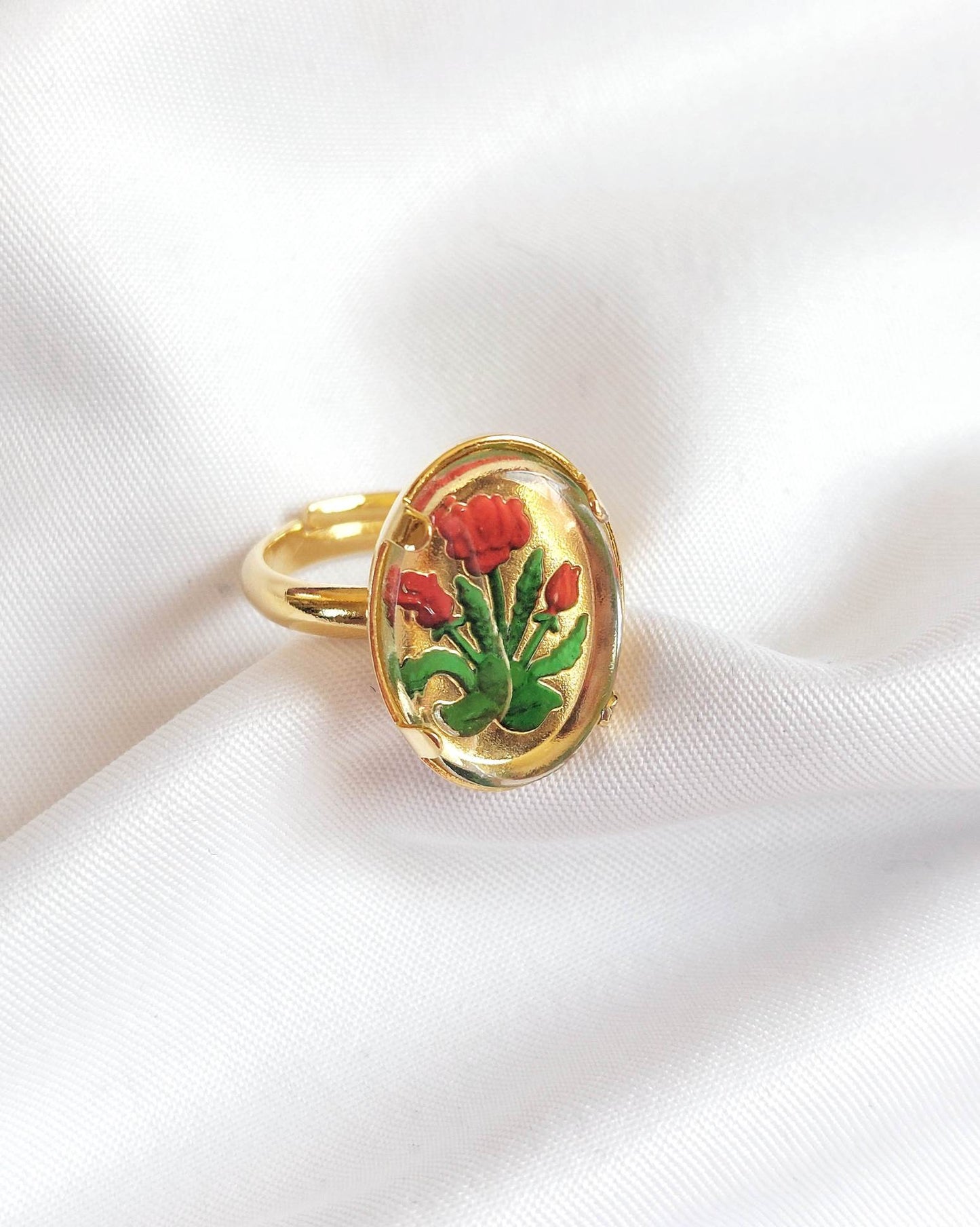 Gold-plated red flower adjustable ring