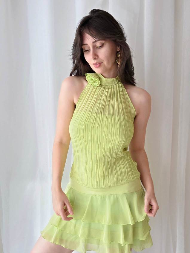 SORBET robe à volants verte avec fleur T.36