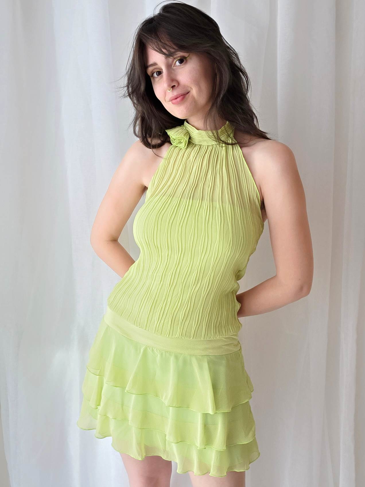 SORBET robe à volants verte avec fleur T.36
