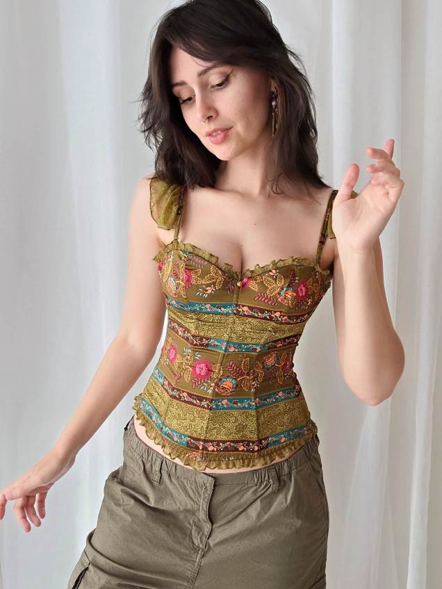 FAIRYTALES corset bustier kaki avec fleurs T.34