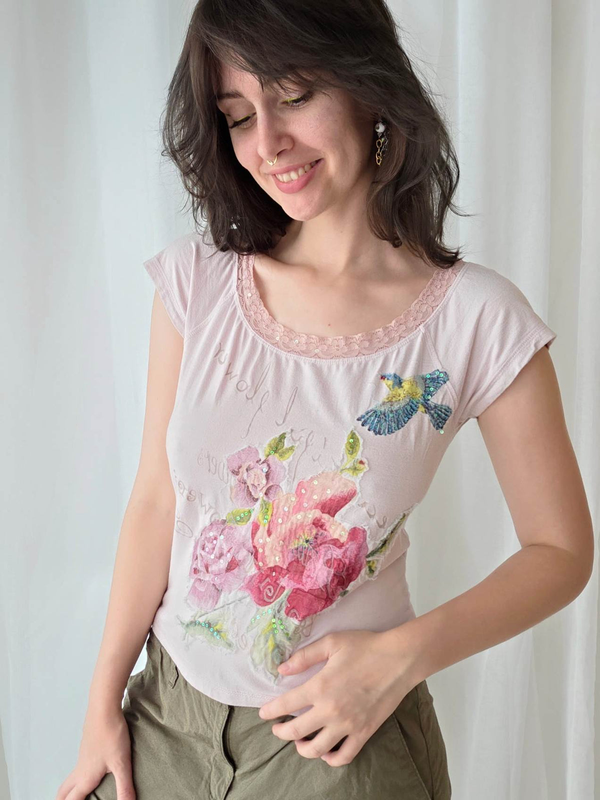ROSE FLAVOR tee-shirt René Derhy brodé T.38