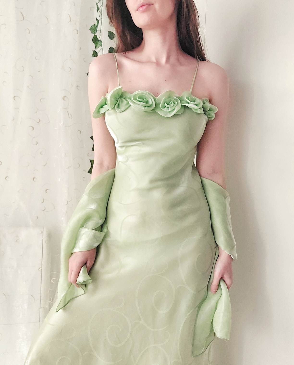 LUCIOLE long green ball gown with flowers Size 34/36