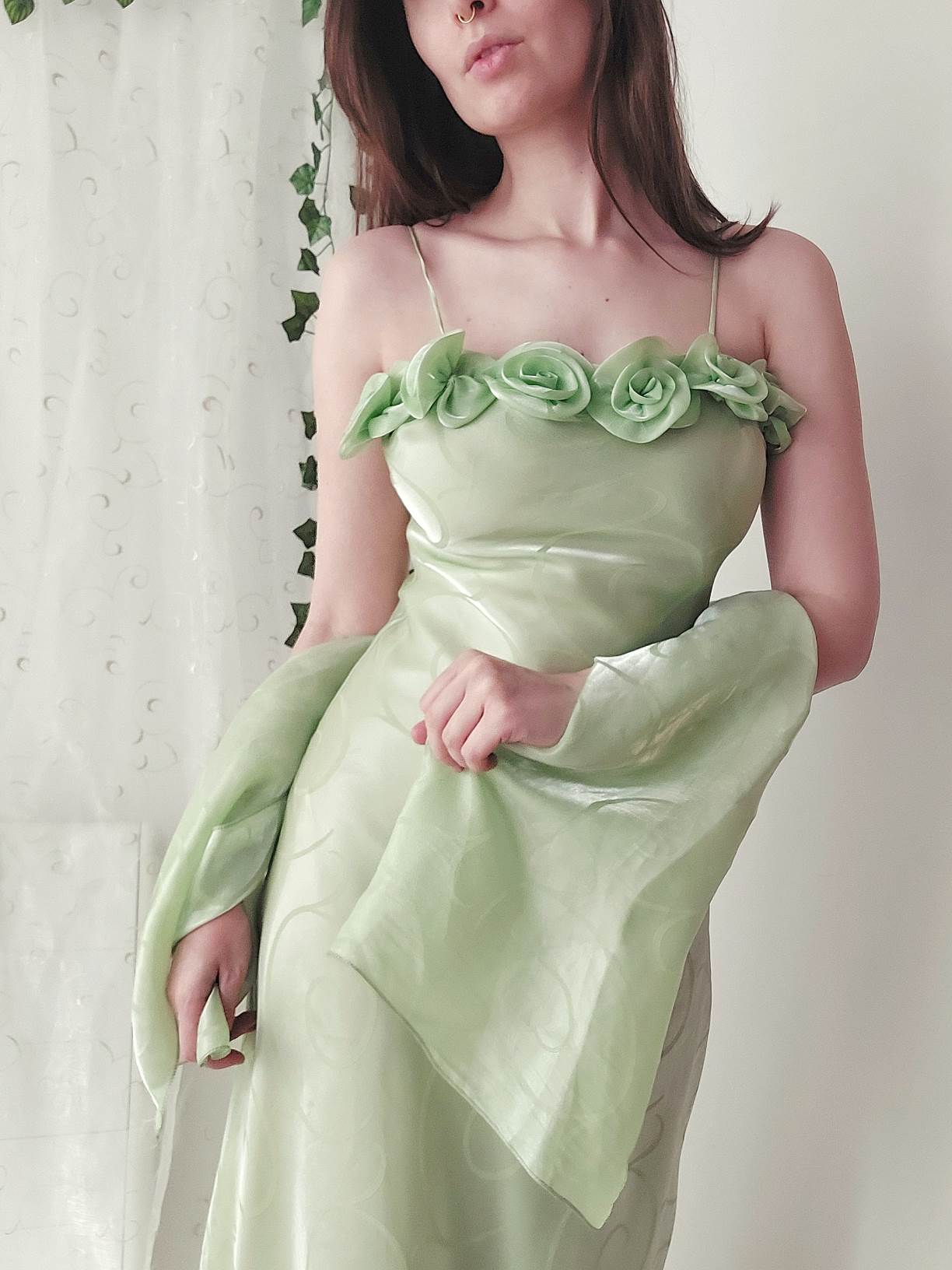 LUCIOLE long green ball gown with flowers Size 34/36