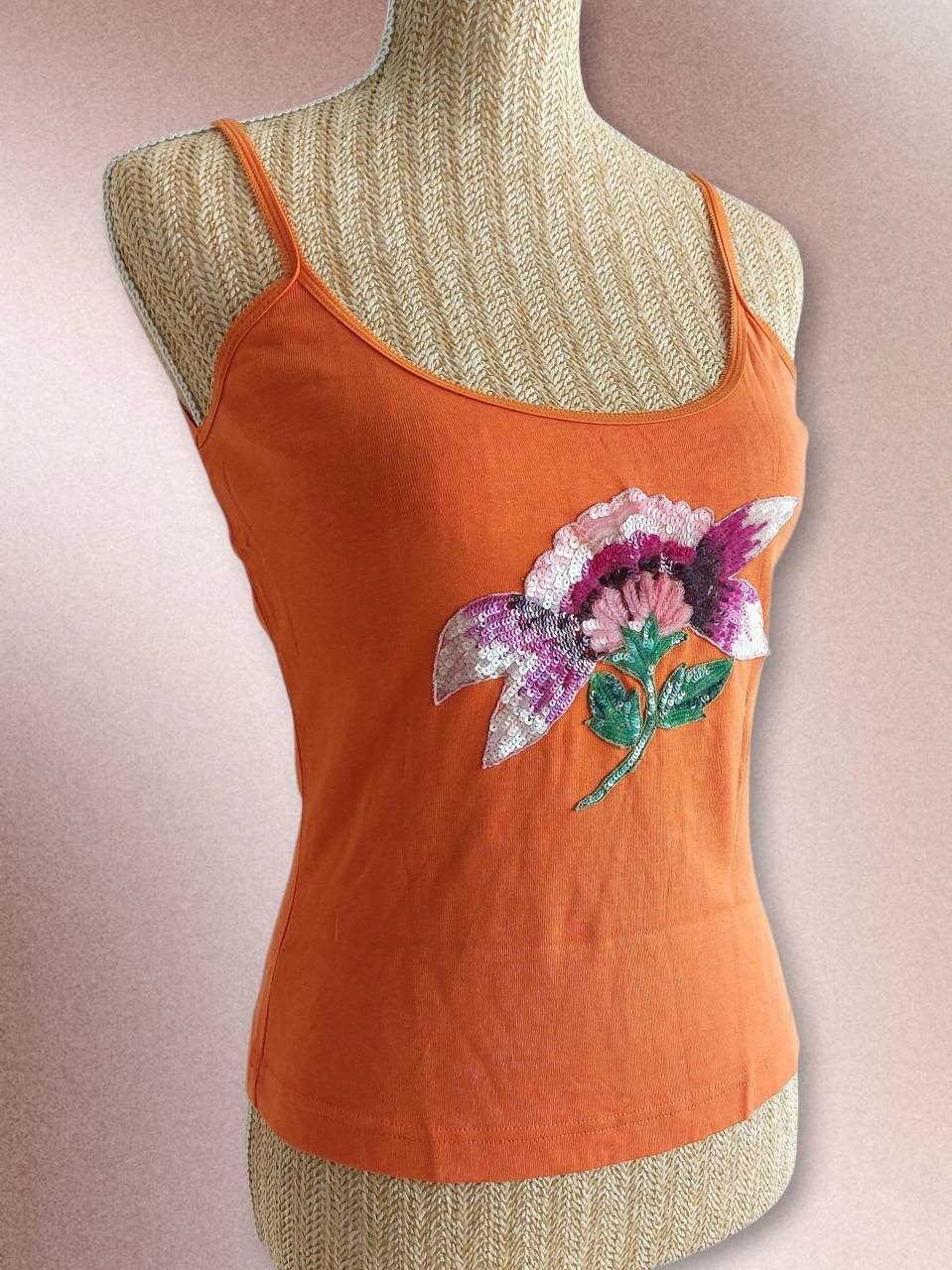 ORANGE BLOSSOM orange tank top with flower embroidery size 36/38