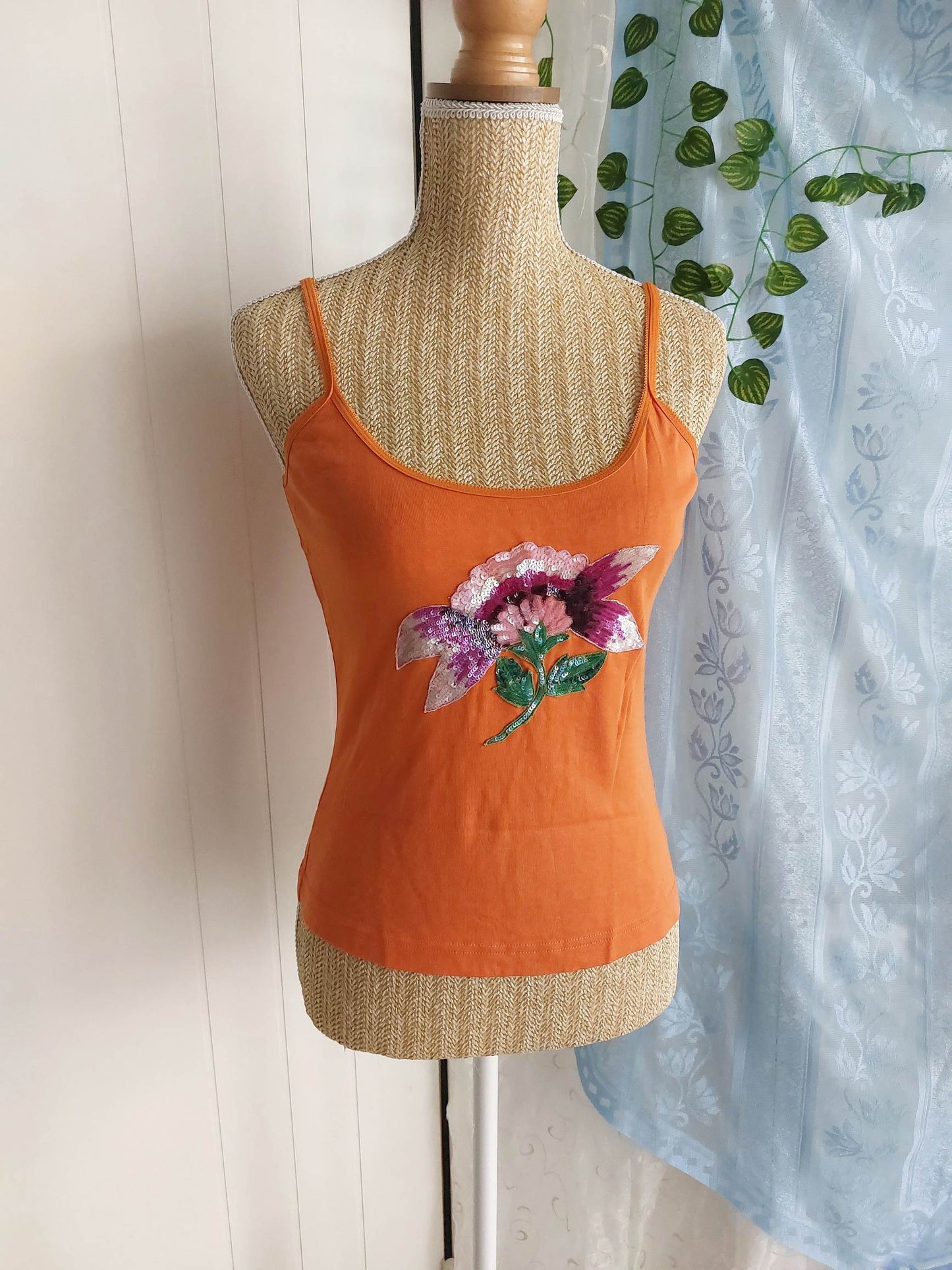 ORANGE BLOSSOM orange tank top with flower embroidery size 36/38