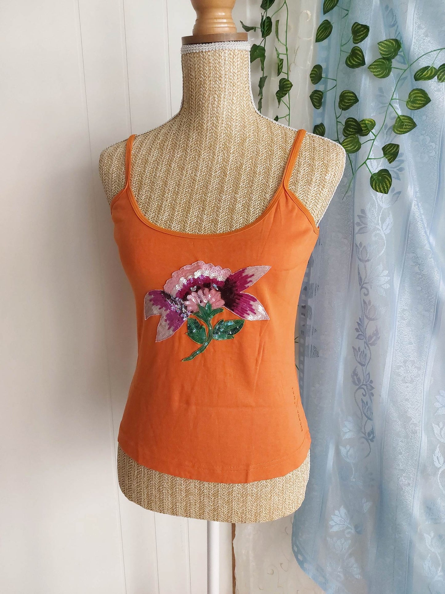 ORANGE BLOSSOM orange tank top with flower embroidery size 36/38