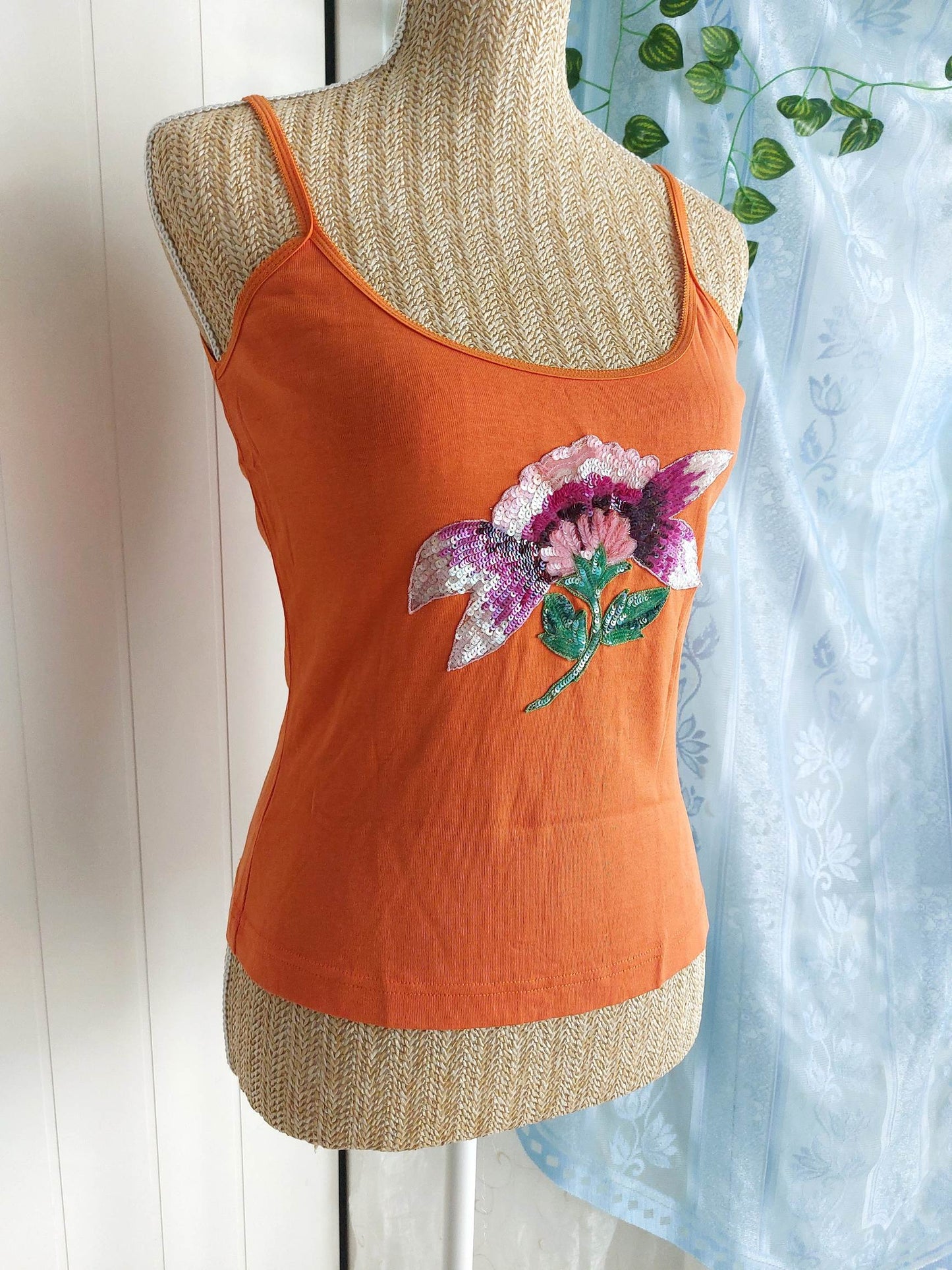 ORANGE BLOSSOM orange tank top with flower embroidery size 36/38