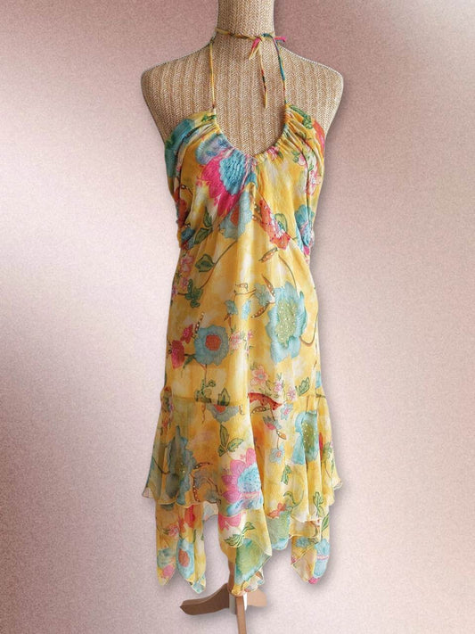 SOLARIA colourful yellow dress with floral pattern and embroidery Size 42/44