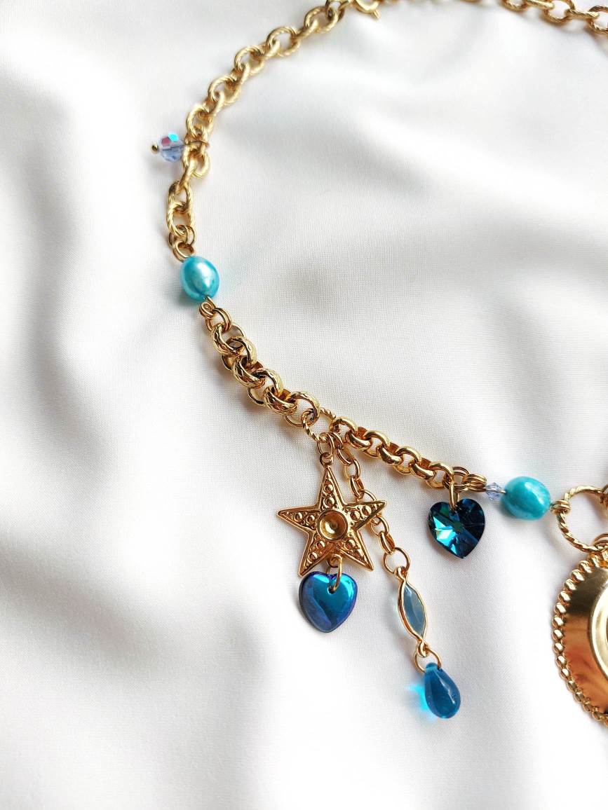LA GALAXIA asymmetric gold and blue necklace
