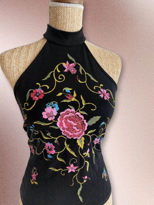 BRISE NOCTURNE black halter neck top with floral pattern, size XS/S