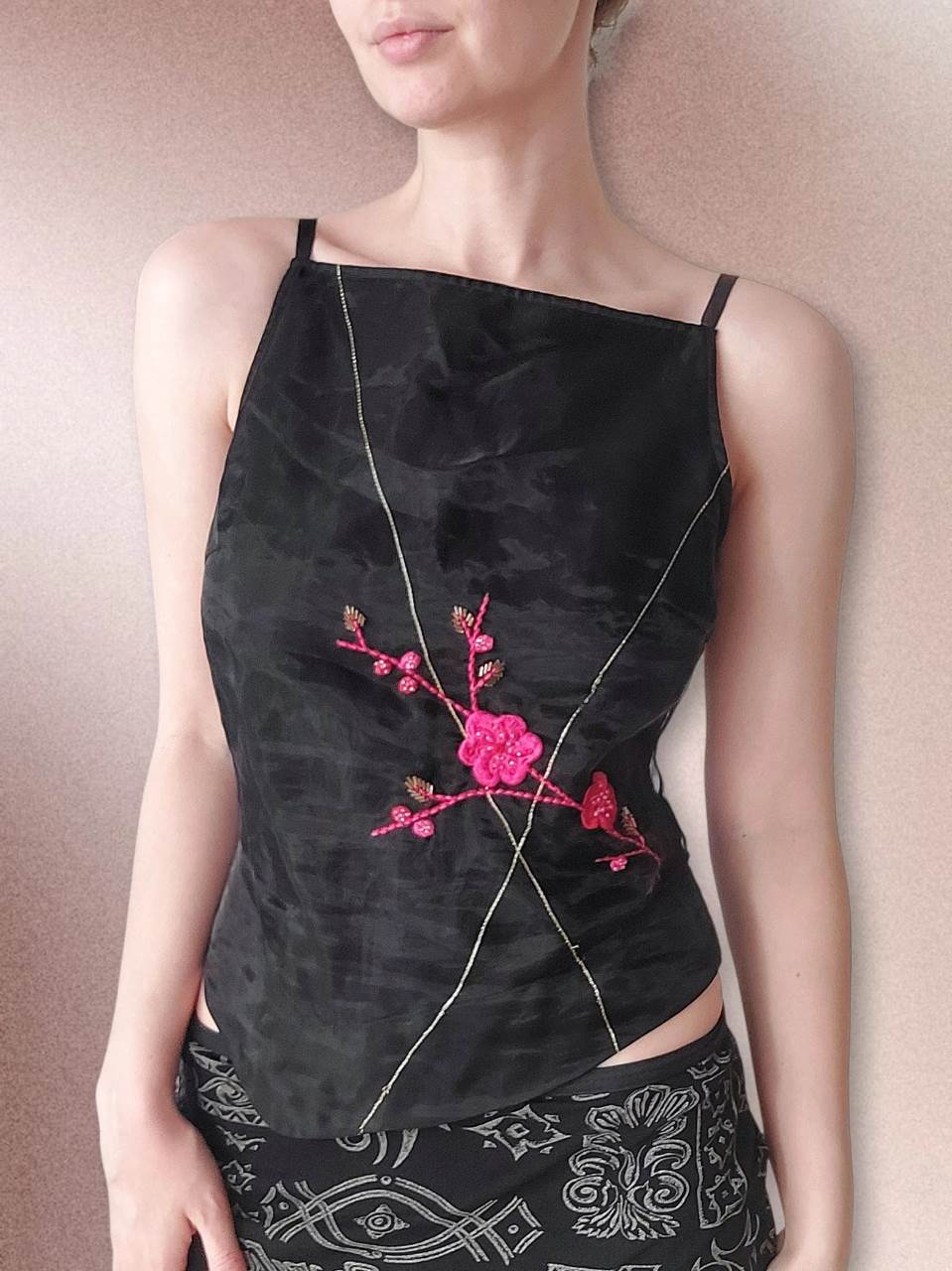 YUMI black tank top with floral embroidery size 36
