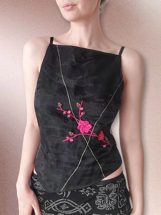 YUMI black tank top with floral embroidery size 36