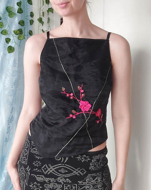 YUMI black tank top with floral embroidery size 36