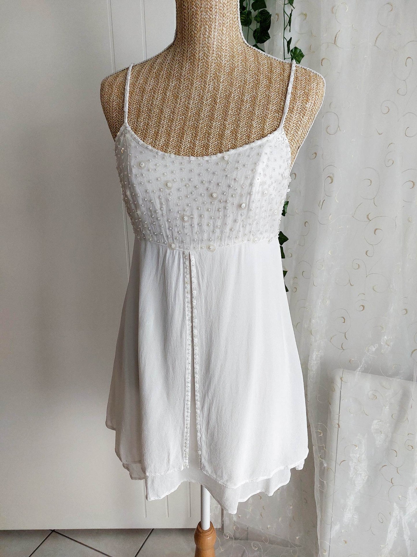 CELESTE white empire dress with beads Derhy size 38