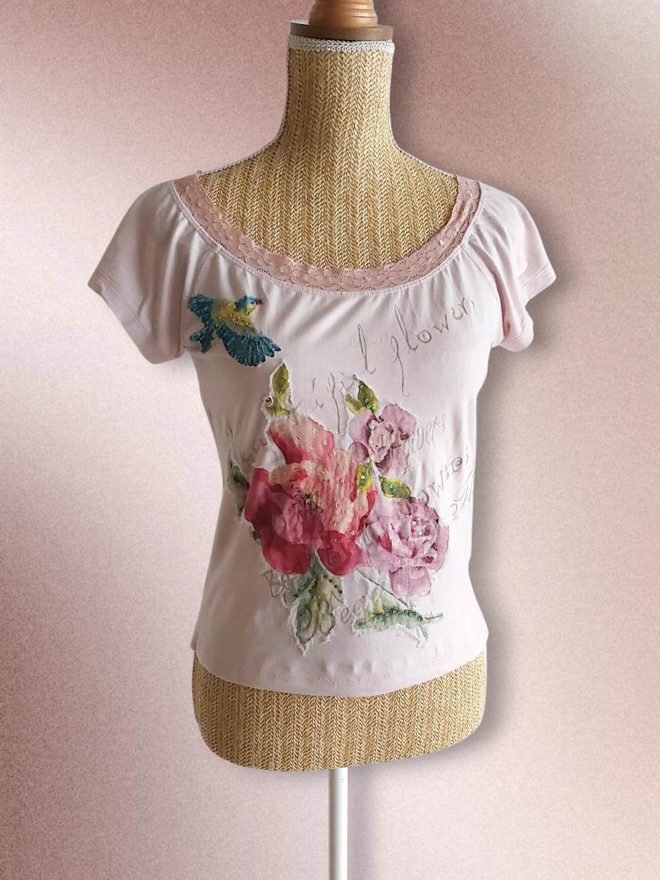 ROSE FLAVOR tee-shirt René Derhy brodé T.38
