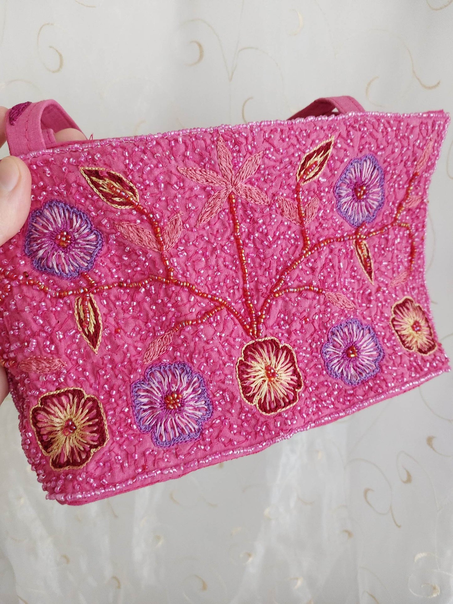 HORTENSIA embroidered pink shoulder bag with flowers