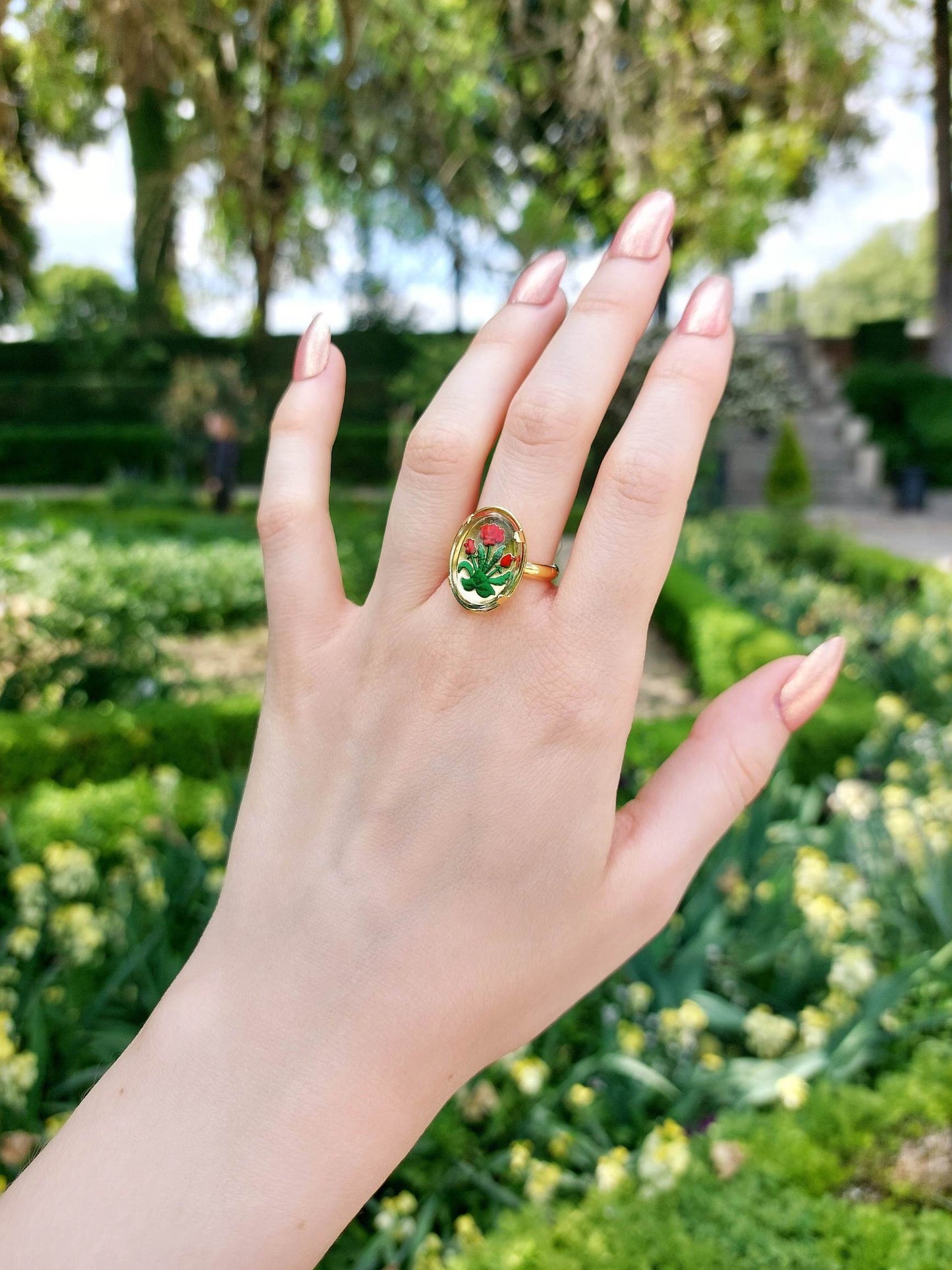Gold-plated red flower adjustable ring