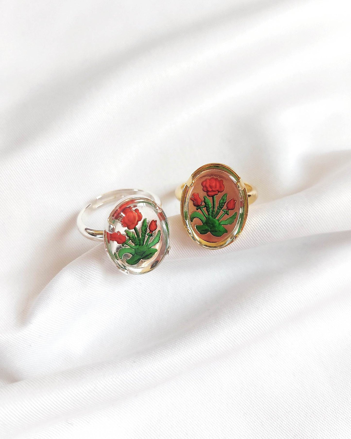 Gold-plated red flower adjustable ring